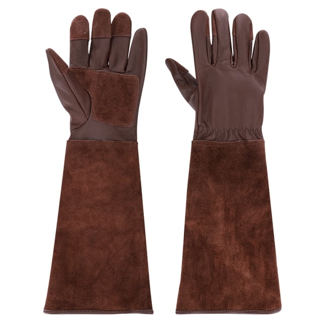 Guantes de jardinería largos Uxcell, guante de poda de rosas de cuero de vaca a prueba de espinas marrón M