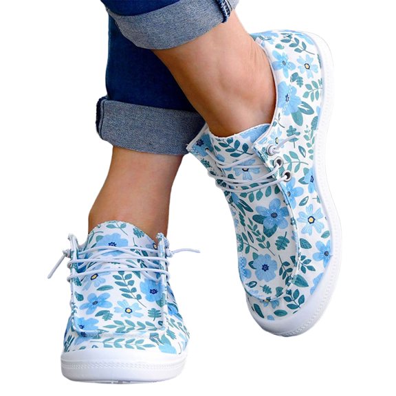 EKVAHL Floral Canvas Sneakers for Women, Low Top Lace Up Breathable Non Slip Fashion Slip Ons, Vacation Outdoor Daily Stylish Sneakers Blue
