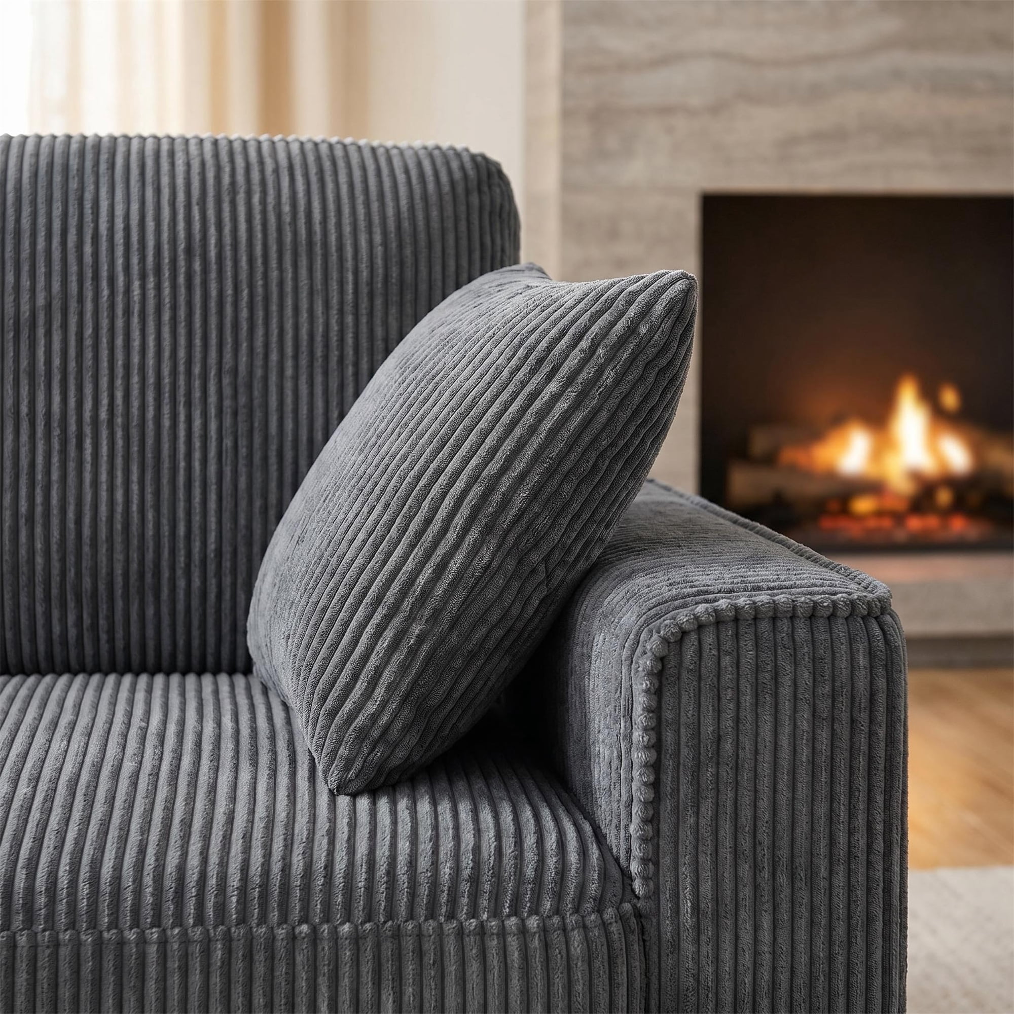 Aukfa 82" Square Arm Sofa 3 Seat Deep Seat Upholstered Couch for Living Room Bedroom, 2 Pillows, Corduroy, Dark Gray
