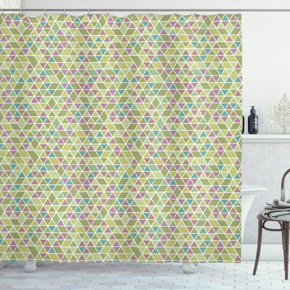 Geometric Shower Curtain, Colorful Triangles Separated with White Diagonal and Horizontal Stripes Print, Fabric Bathroom Set with Hooks, 69W X 75L Inches Long, Multicolor, by Ambesonne