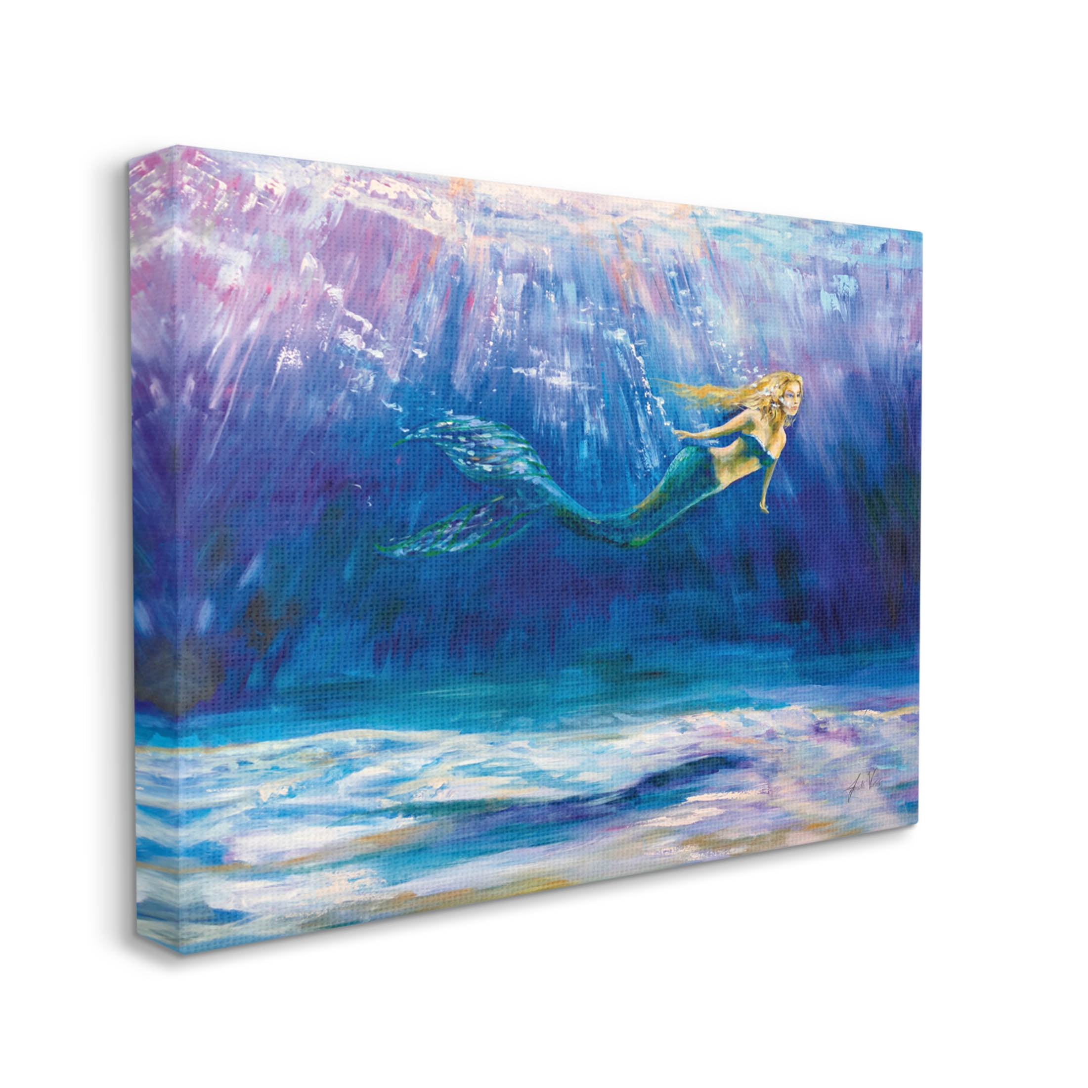 Stupell Industries Mermaid Swimming Deep Blue Ocean Water Painting Gallery Wrapped Canvas Print Wall Art, Design by Jeanette Vertentes