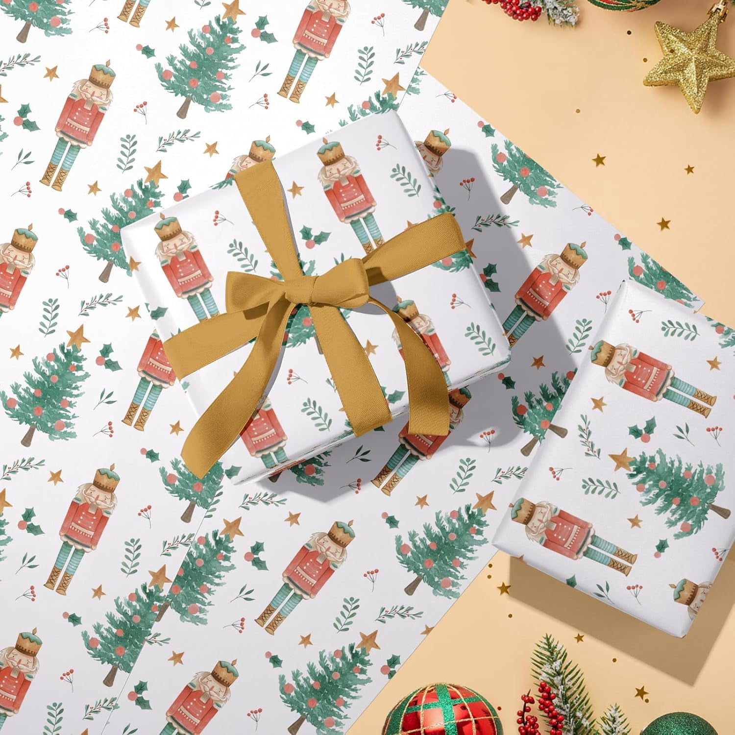 Kraft Nutcracker Christmas Wrapping Paper - Mini Roll - 17 Inch x 33 Feet - Nutcracker and Christmas Tree Wrapping Paper for Holiday, Party Celebration