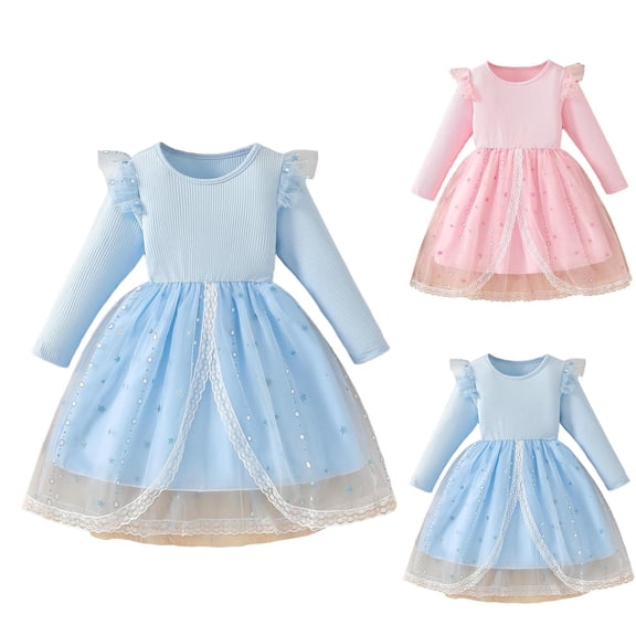 FRSASU Toddler Girls Mesh Ruffle Long Sleeve Sundress Casual Tutu formal Party Dresses Summer Beach Outfits Pink-L