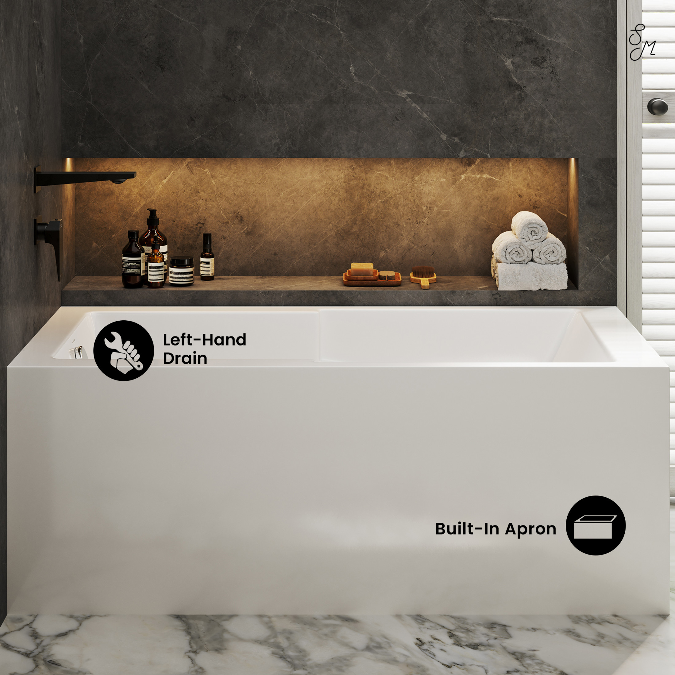 Claire 60" x 32" Left-Hand Drain Drain Alcove Tub with Corner Apron