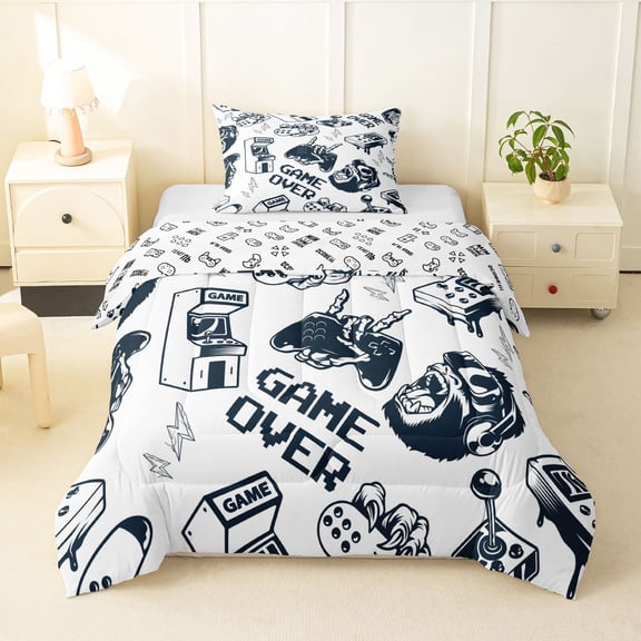 Homewish Cartoon Gaming Controller Twin Comforter Sets,Game Over Print Bedding Set,White,Gamepad Reversible,2pcs,1 Comforter and 1 Pillowcase