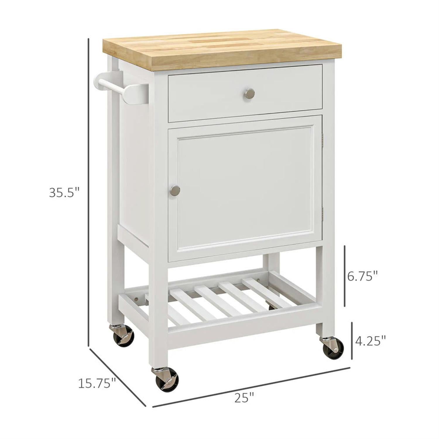 Demi Bonn Kitchen Island Cart on Wheels with Storage, Rolling Dining Room Serving Utility Carts Mobile Movable with Rubberwood Top and Drawer, White
