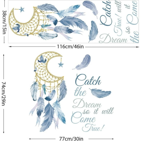 Large Dream Catcher Quotes Wall Decals Colorful Dreamcatcher Feathers Wall Sticker with Catch The Dream So It Will Come True Quotes Removable Wall Decals for Bedroom Living Room Office Decor