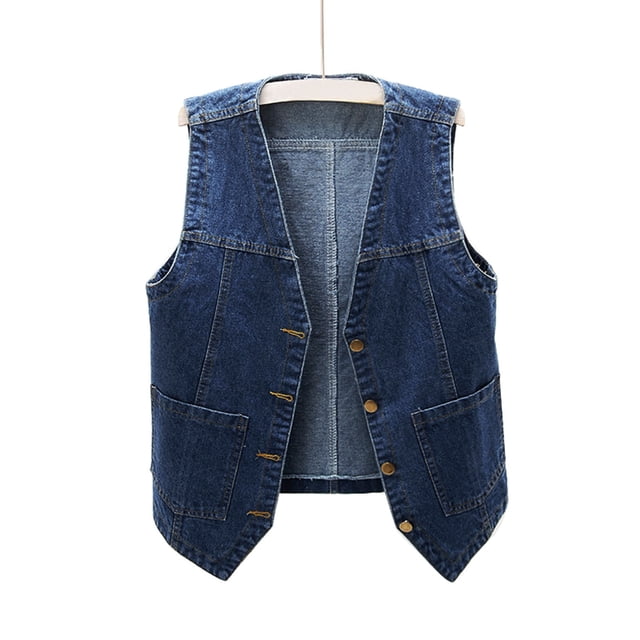 Veste en Denim Élégante pour Femme Gilet en Jean Sans Manches Col en V Décontracté à Boutons Manteau Tendance pour la Mode de Tous les Jours