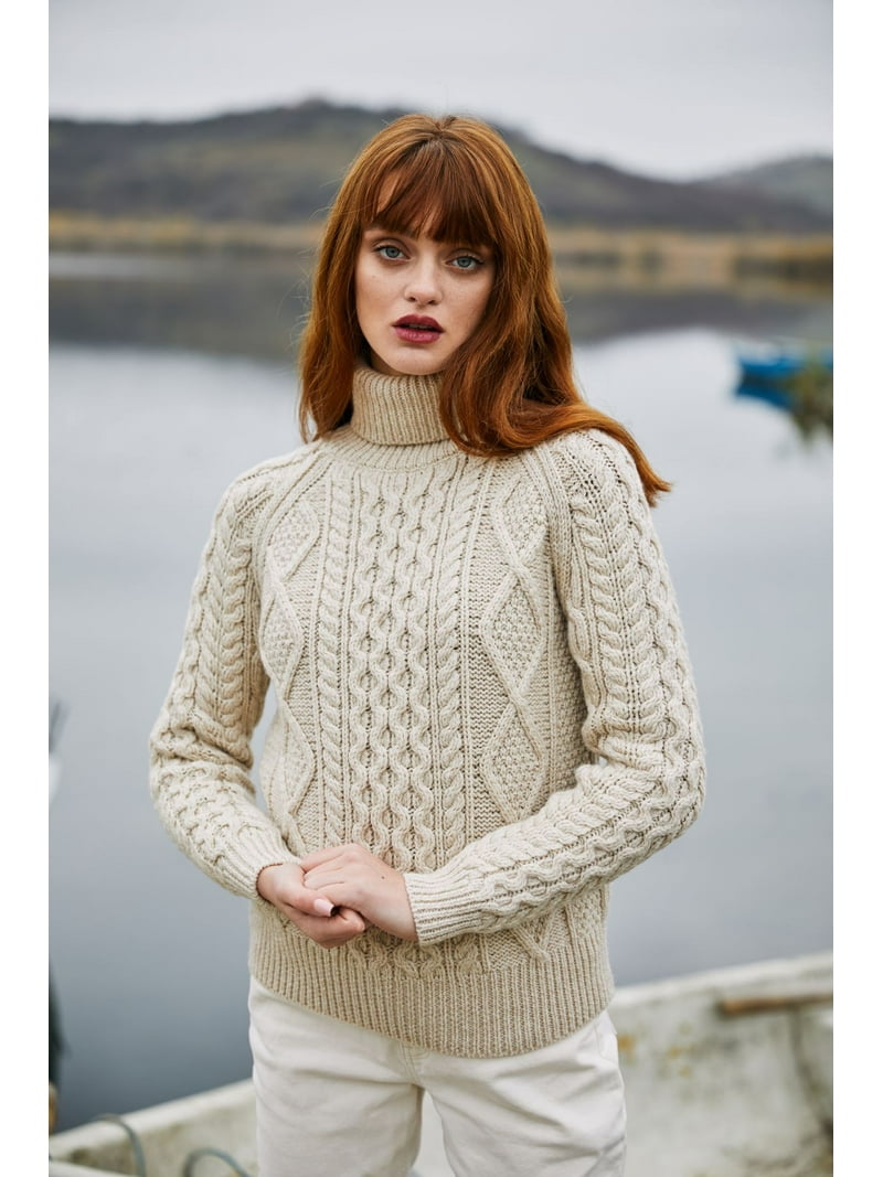 SAOL Aran Women's Irish Sweater 100% Merino Wool Fisherman Cable