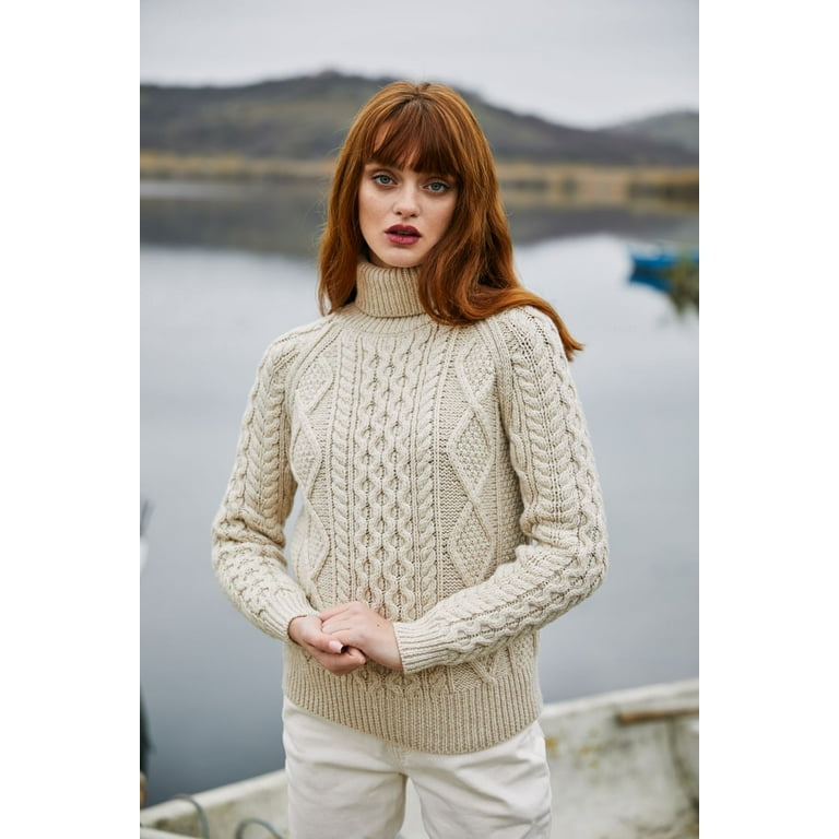 SAOL Aran Women's Irish Sweater 100% Merino Wool Fisherman Cable Knit  Turtleneck Pullover Made in Ireland 