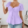 thumbnail image 2 of FUYUDY Women Tshirts Fashion Summer Short Sleeve T-Shirt With Drawstring V Neck Tie Design Casual Solid Color Tee Tops Soft Female Dailywear, 2 of 5