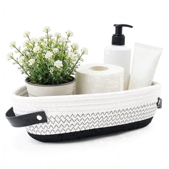 13-inch Black Cotton Rope Back of Toilet Tank Basket with Leather Handles, Bathroom Organizer Storage