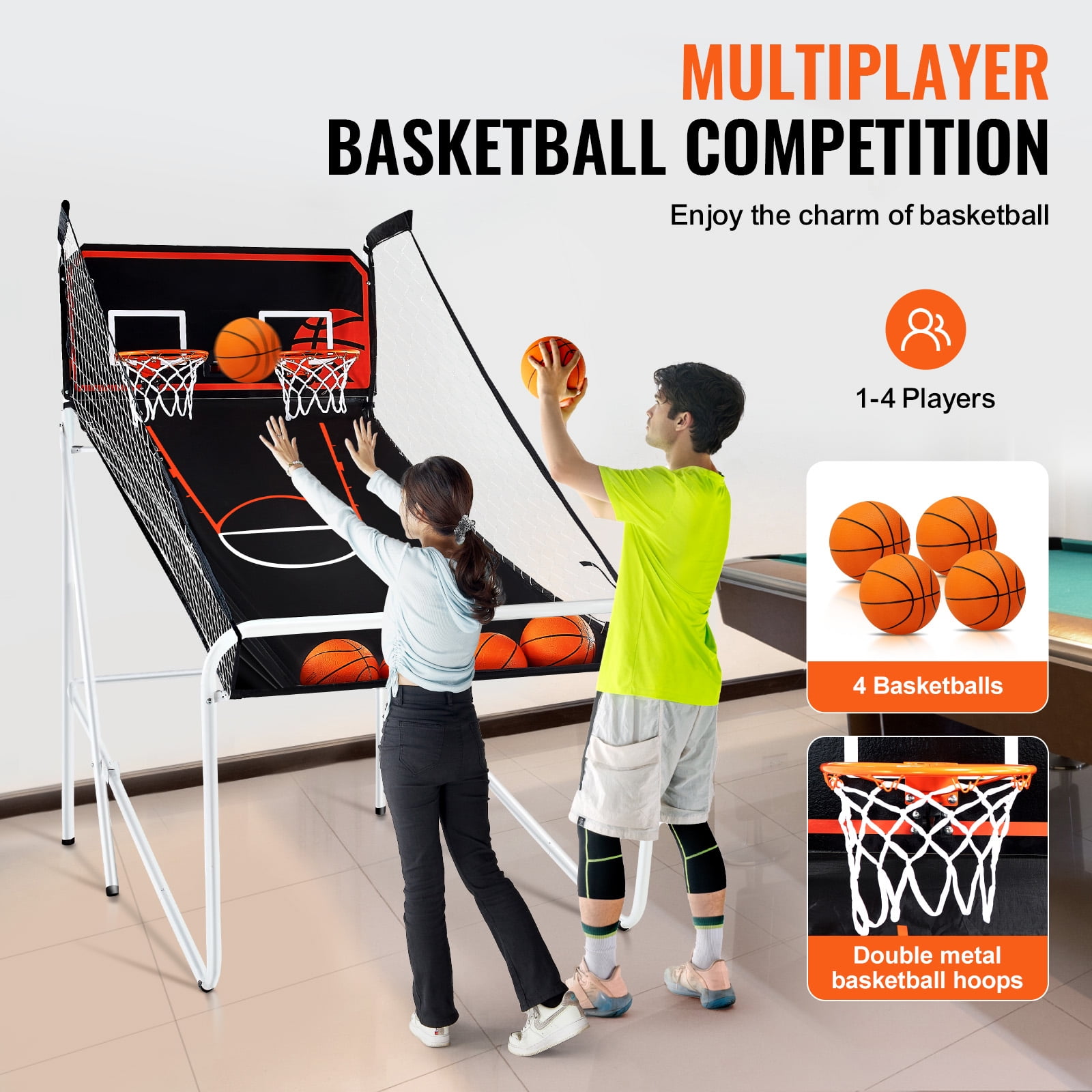 KFFKFF 82" Foldable Electronic Basketball, 2-player Indoor Hoops Challenge Game, Foldable Basketball Arcade Game with 4 Basketballs, 8 Play Styles, Digital Scoring System, and Air Pump