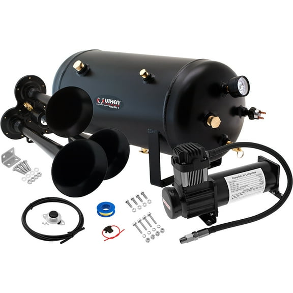 Vixen Horns Train Horn Kit for Trucks/Car/Semi. Complete Onboard System- 200psi Air Compressor, 5 Gallon Tank, 3 Trumpets. Super Loud dB. Fits Vehicles like Pickup/Jeep/RV/SUV 12v VXO8350B/3114B