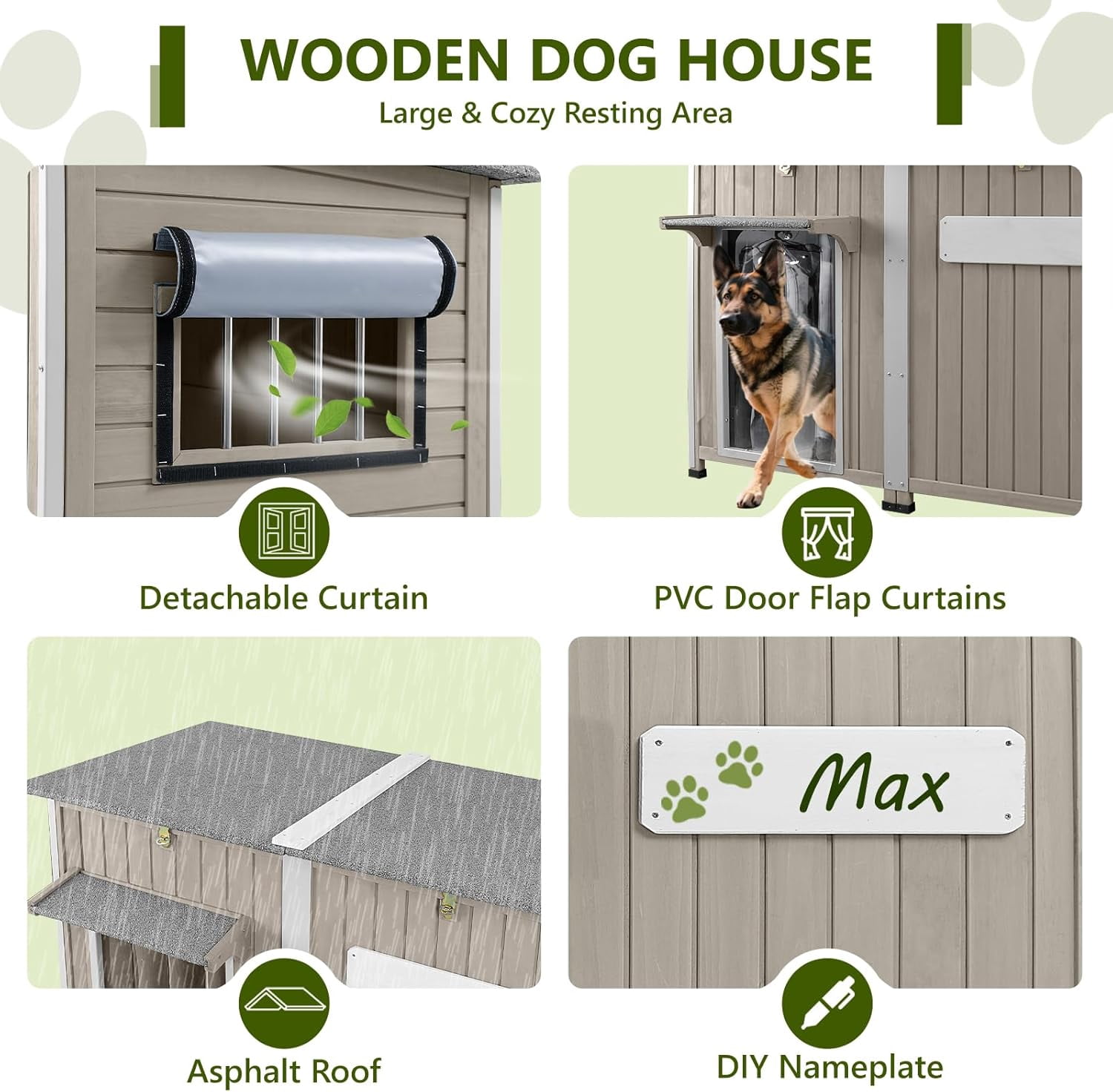 PETSCOSSET Large Dog House, Outdoor Wooden Dog Kennel with Removable Floor, Openable Roof  for Medium to Large Dogs, Gray