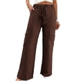 thumbnail image 3 of AGWOLF Women's Wide Leg Cargo Pants Baggy High Waisted Palazzo Pant Lightweight Pull On Drawstring Trousers Beach Vacation Travel Clothes Brown S, 3 of 7