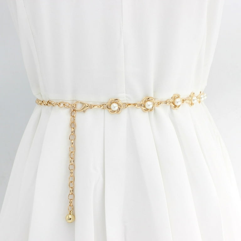 Weikingp Belts for Women Women'S Metal Belt Dress Beaded Hook Women'S Waist Chain Fashion Pearl Decoration Metal Belt Western Belts for Woman Womens