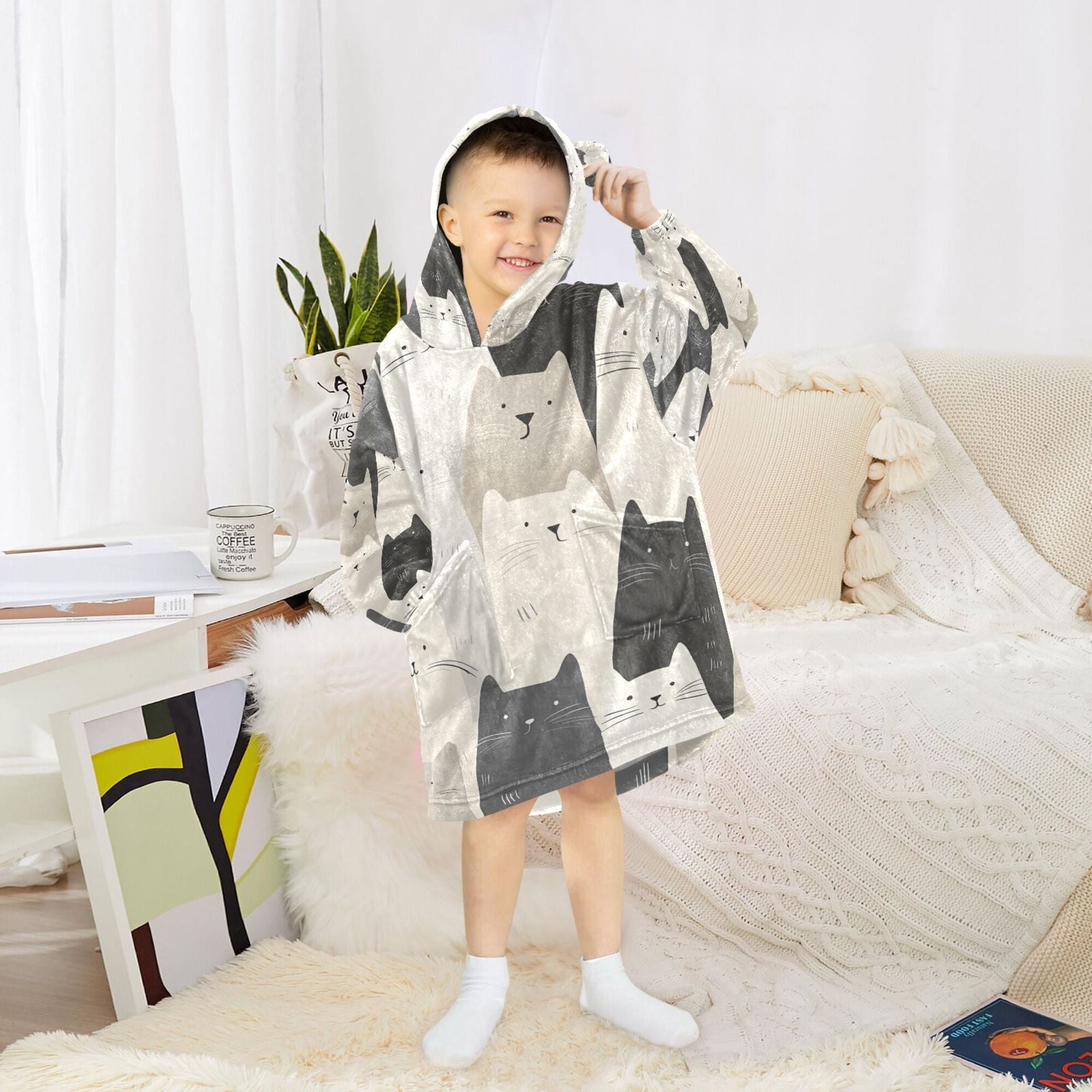FORMRS Wearable Blanket Hoodie with Sleeves for Kids Cozy Flannel Sweatshirt, White Cute Cats