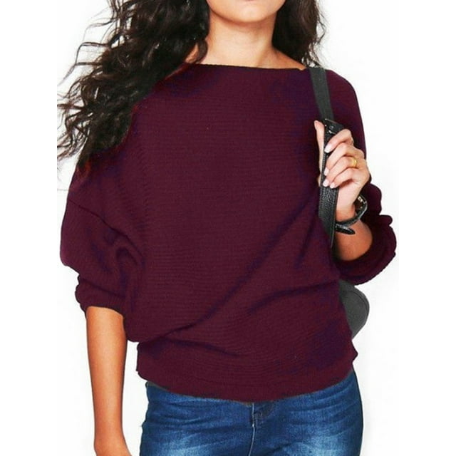 MAWCLOS Women Pullover Solid Color Jumper Tops Winter Warm Sweater Cozy Work Bat Sleeve Knitted Sweaters Wine Red XL