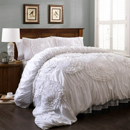 Lush Decor Serena Textured Ruffle Detail Comforter, Queen, White, 3-Pc Set