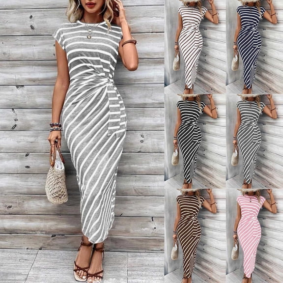 Dress for Summer Dqueduo Women Striped Crew Neck Short Sleeve Maxi Dress Casual Waist Bodycon Summer Dress Pink XXL