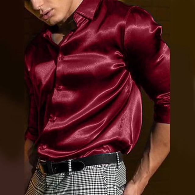 Camisa de vestir de seda satinada para hombre Fule, camisas casuales de manga larga con botones para bodas y fiestas