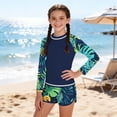 thumbnail image 1 of Odeerbi 12-16 Años Niñas Hawaiana 2 Piezas de Manga Larga Rash Guard Conjunto Bloque de Color Upf 50 + Traje de Baño de Surf Seco Rápido Con Pantalones Cortos, 1 of 9