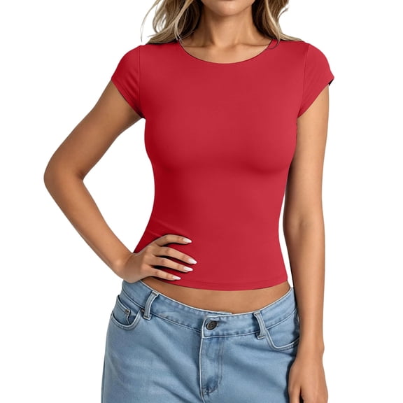 Bibifish Womens T Shirt Crew Neck Cap Sleeve Slim Cropped Tops Soft Breathable Minimalist Casual Summer Layering Tees