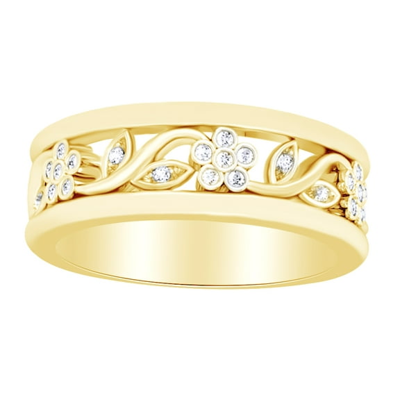 AFFY 0.12 Ct White Diamond Floral Inspired Anniversary Band Ring In 14K Solid Yellow Gold