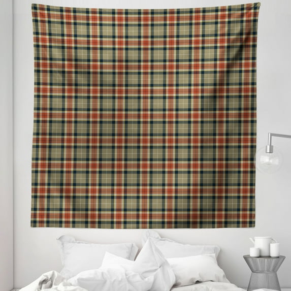 Tartan Tapestry, Repeating Geometric Elements Squares and Diagonal Lines Traditional, Fabric Wall Hanging Decor for Bedroom Living Room Dorm, 5 Sizes, Pale Brown Dark Blue, by Ambesonne