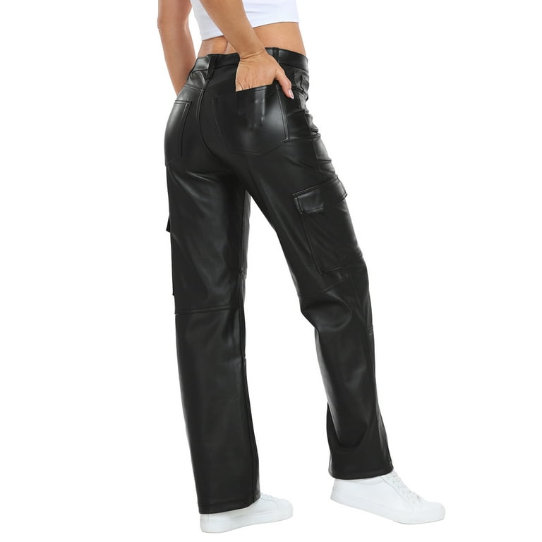 HDE Women's High Waisted Faux Leather Cargo Pants with HDE Women's High Waisted Faux Leather Cargo Pants with