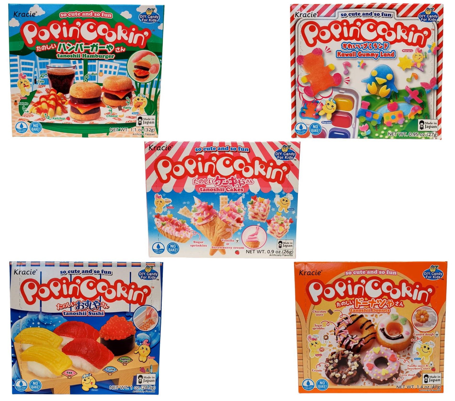 Kracie Popin' Cookin' DIY Candy Kit - Assorted Variety (Tanoshii Cakes,  Sushi, Hamburger, Donuts and Kawaii Gummy Land) 