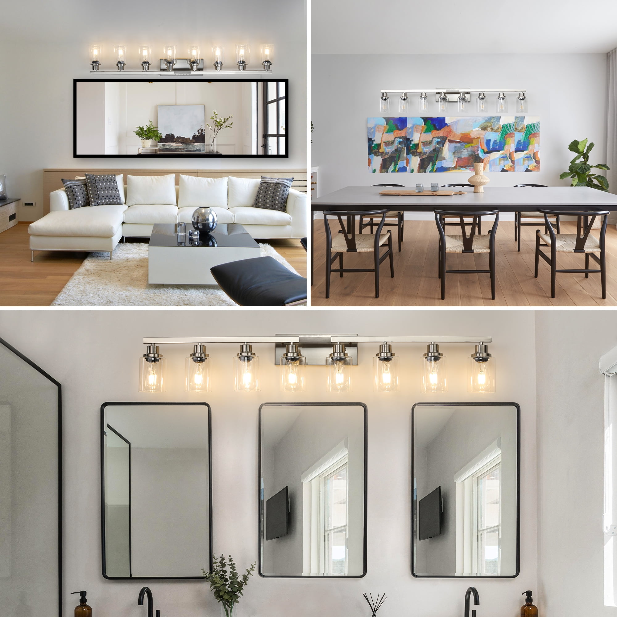 8 Light Brushed Nickel Modern 51.2in Bathroom Vanity Light with Clear Glass Shade, Bathroom Lighting Fixtures Over Mirror