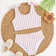 thumbnail image 5 of Piuwrlz Swimsuit Kids Girls 7 Years Swimwear Two Piece Sets Bow-knot Stripe Beach Swimming Suit Khaki Size 7 Years, 5 of 9