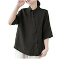 thumbnail image 2 of Bonanza de Rabais, Blouse Décontractée à Manches Courtes pour Femmes Printemps/été, Col Rabattu, Couleur Unie, Coupe Ample pour un Confort Confortable/60 % Coton, 40 % Lin, Noir, Sopatenor, 2 of 6