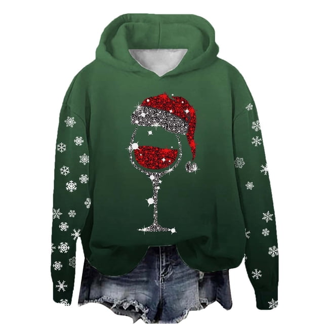 WEAIXIMIUNG Chandails en Molleton d'Automne Graphiques pour Femmes Automne et Hiver Noël Rouge Verre Imprimé Col Rond Manches Longues Chandail à Capuchon Sport Décontracté (1)