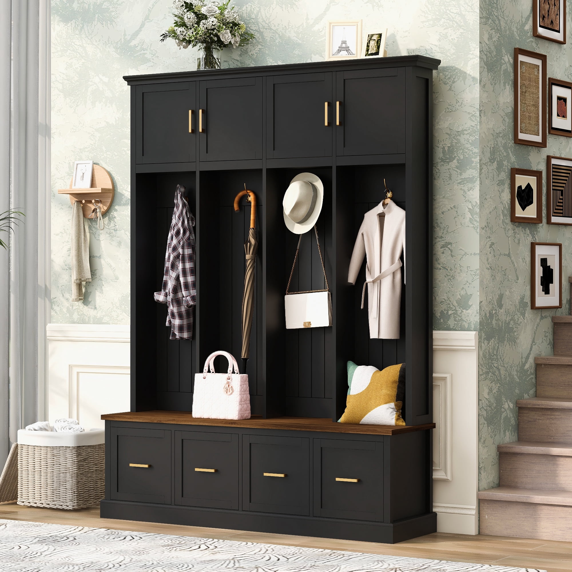 Mintazer 78” Tall Farmhouse Entryway Hall Tree with Coat Rack Hooks, Cabinets, Drawers & Shoe Storage Bench for Living Room, Bedroom, Hallway, Black