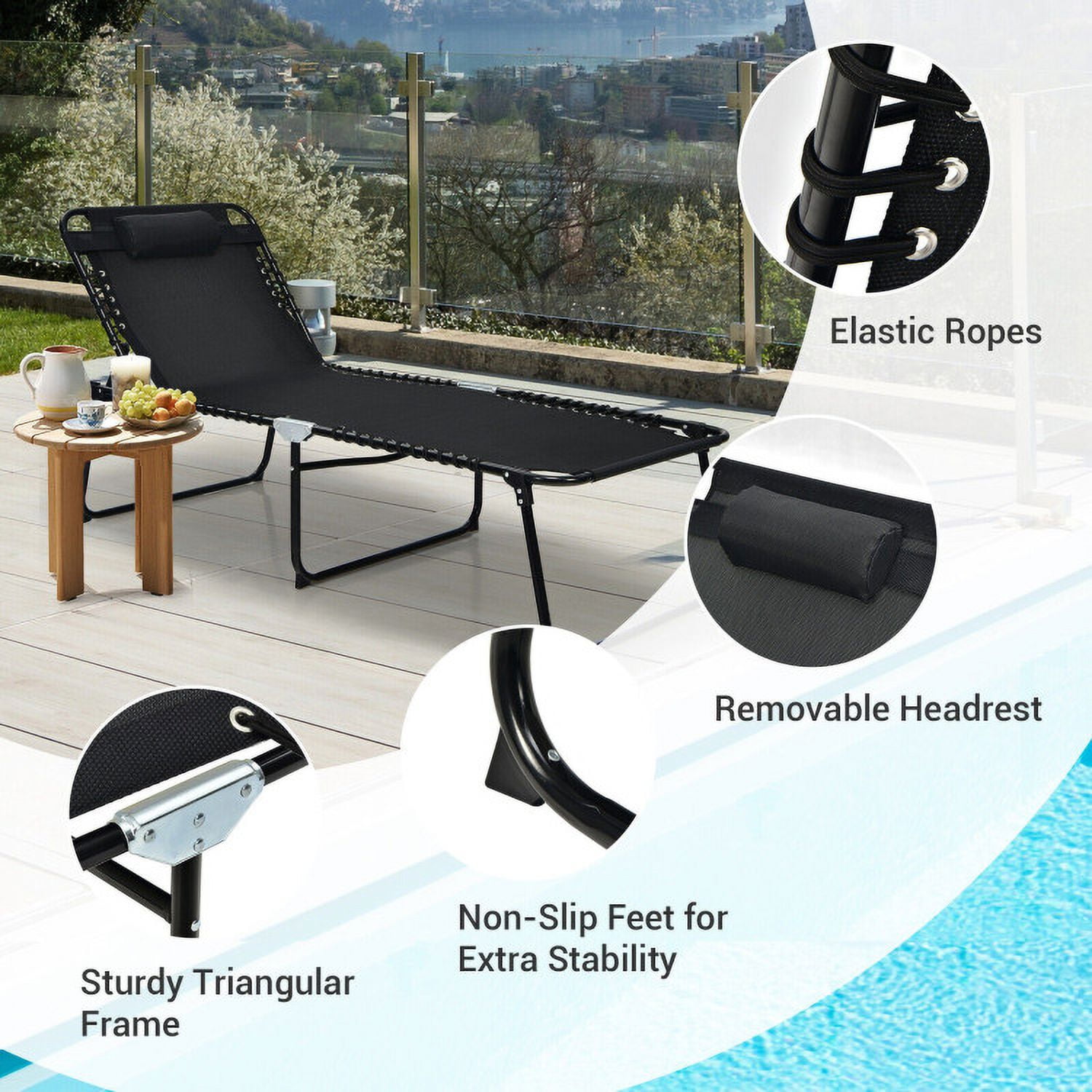 Aimee Lii 4 Position Folding Lounge Chaise with Adjustable Backrest and Footrest, Patio Loungers, Black