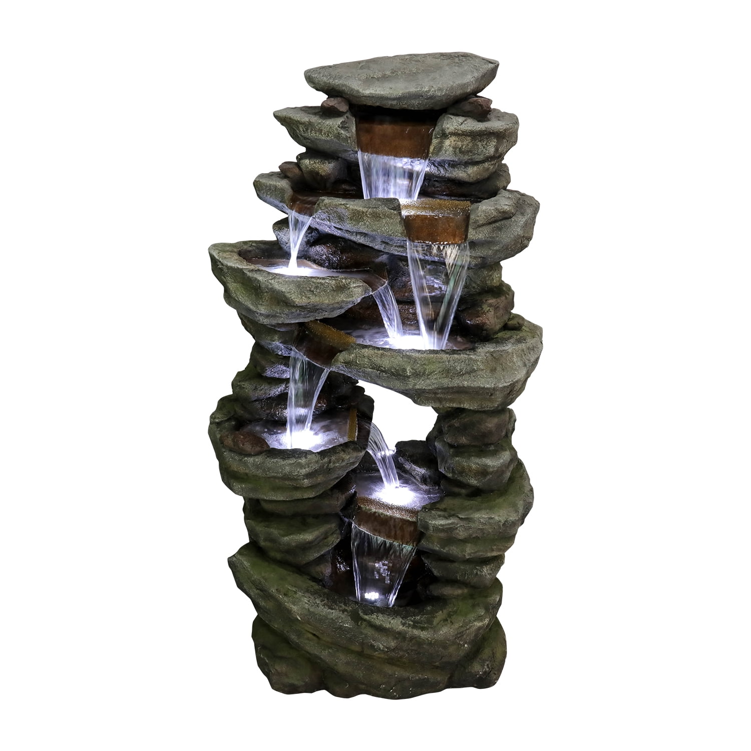 7-Tiers Rocks Outdoor Garden Water Fountain- 60" High Large Cascading Waterfall Floor Standing Water Features with LED Lights for Garden and Patio Decor