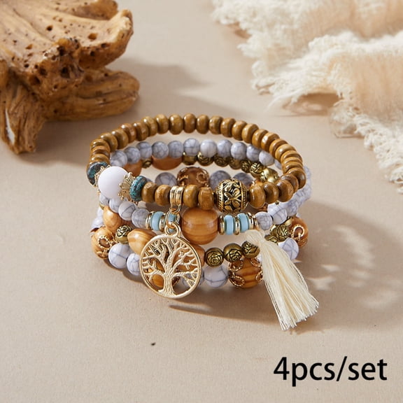 Boho Layered Stackable Bracelet Set with Tree of Life Tassel Charms 4-Piece Wrist Jewelry for Women