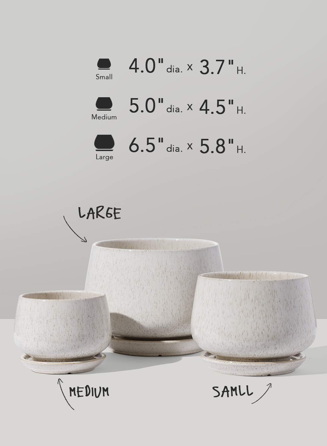 BEMAY Set of 3 Ceramic Plant Pots with Drainage Hole and Saucer, 4.1" 5.1" 6.5" Flower Pots, Indoor Outdoor Planters for Home Patio Garden Decor, Reactive Glaze Beige (Plants Not Included)