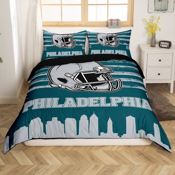 Manfei American Rugby City Duvet Cover Twin,Football Game Lovers Bedding Sets Twin Size,Green Gray Bed Set For Boys Teens,Microfiber Bedroom Decor Reversible(No Comforter),2-Piece