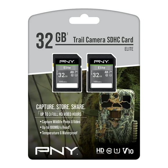 PNY 32GB Elite Class 10 U1 V10 SDHC Trail Camera Flash Memory Card 2-Pack, 100MB/s read, Full HD, UHS-I, Full Size SD