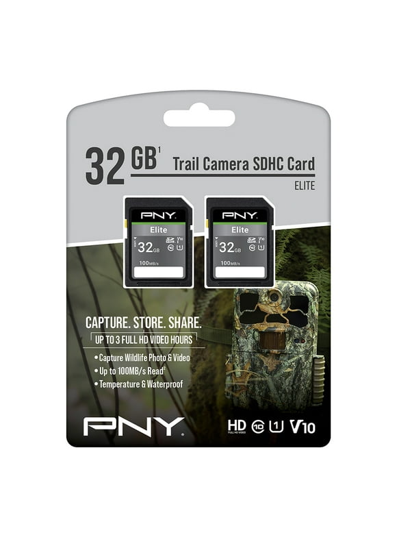PNY 32GB Elite Class 10 U1 V10 SDHC Trail Camera Flash Memory Card 2-Pack, 100MB/s read, Full HD, UHS-I, Full Size SD