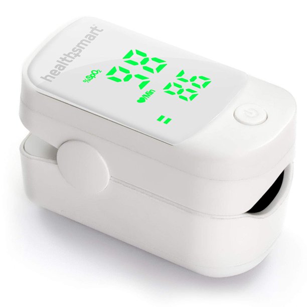 Oxímetro de pulso HealthSmart para la punta del dedo que muestra la saturación de oxígeno en sangre, la frecuencia cardíaca y la barra de pulso con pantalla LED. Preciso y confiable, color verde.