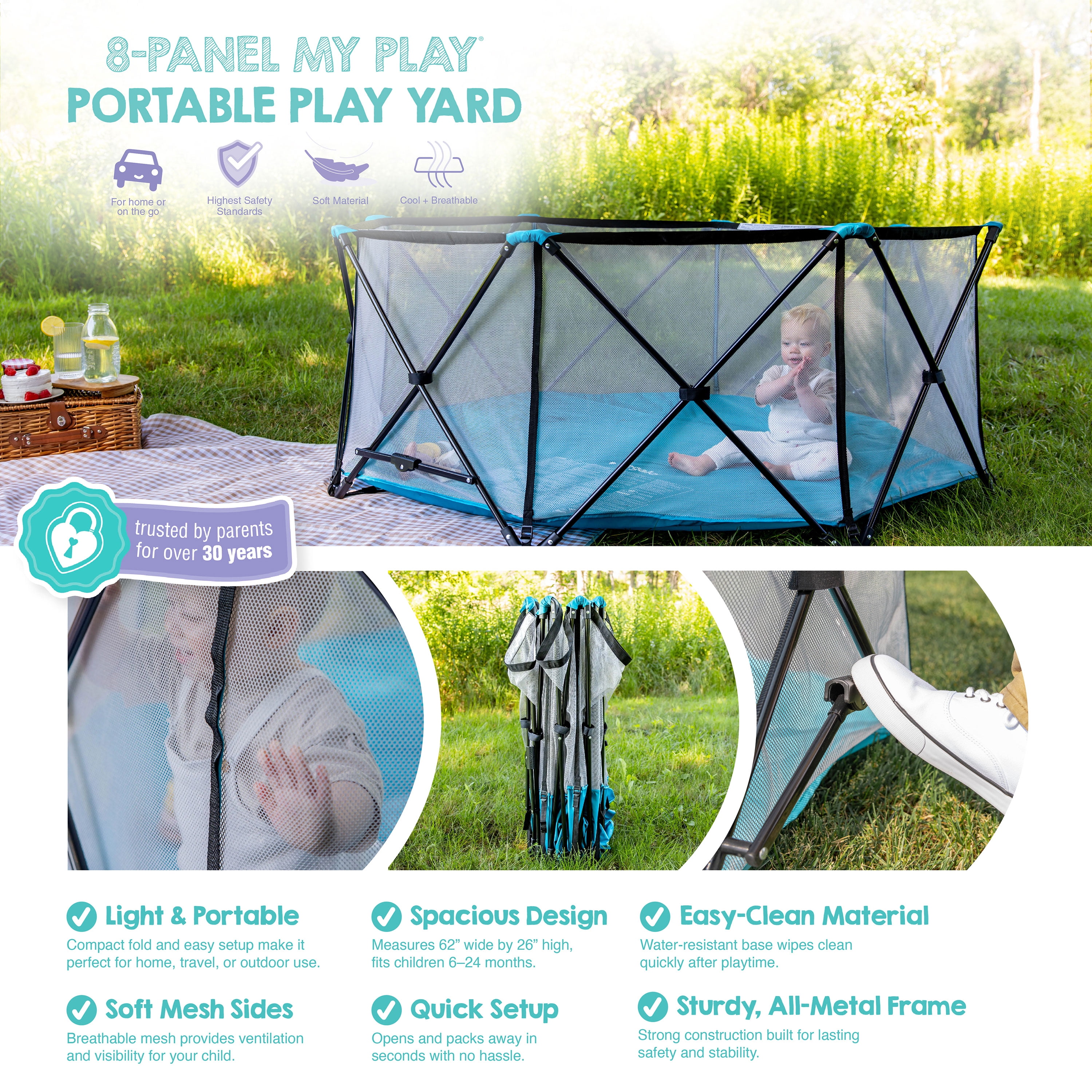 Regalo My Play Portable Play Yard, Teal, 8-Panel, Indoor and Outdoor, Unisex