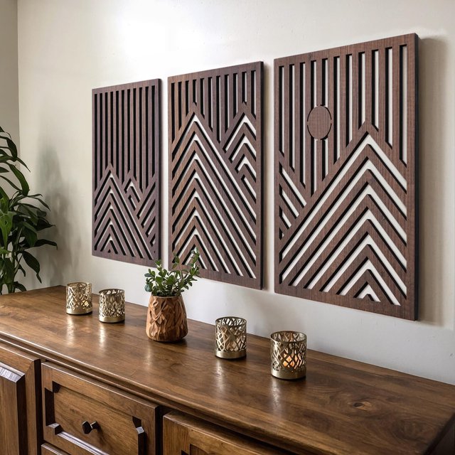 Wall Sculptures qmmp Modern Wood Set of 3 MDF Roble