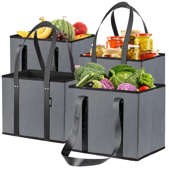 BURVAGY 4 Pack Reusable Grocery Bags - Heavy Duty Reusable Shopping Bags with Box Shape to Stand Up, Stay Open, Fold Flat - Folda