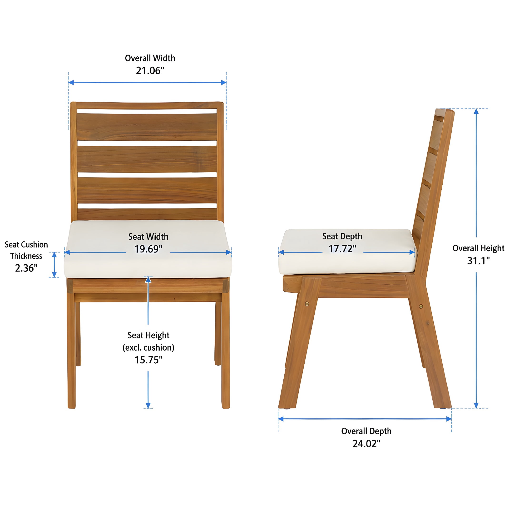 Set of 2 Outdoor Dining Chairs with Acacia Wood Frame and Beige Washable Cushions, Armless Patio Chairs and Garden Seating for Backyard, Teak Finish