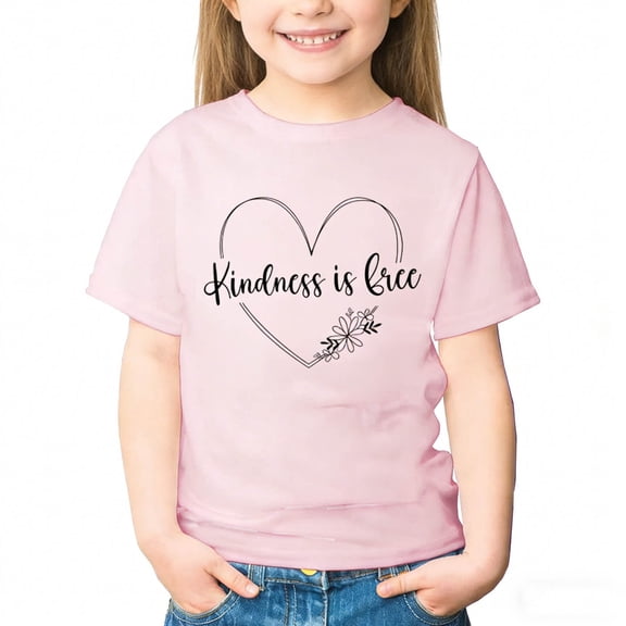 SYMOID Girls Kindness is Free Short Sleeve T-Shirt Soft Heart Flower Pink Tee Summer Everyday Tops for Kids Ages 4-14,Size 7-8T